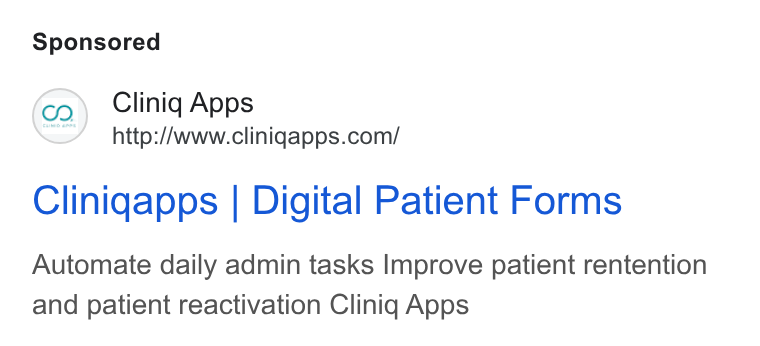 Cliniq Apps ad on Google Ads: Clinigapps | Digital Patient Forms Automate daily admin tasks Improve patient rentention and patient reactivation Clinig Apps