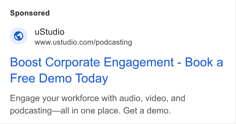 uStudio ad on Google Ads: Boost Corporate Engagement - Book a Free Demo Today Engage your workforce with audio, video, and podcasting—all in one place. Get a demo.