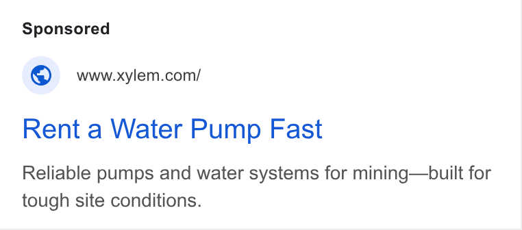 Xylem ad on Google Ads: Rent a Water Pump Fast Reliable pumps and water systems for mining—built for tough site conditions.