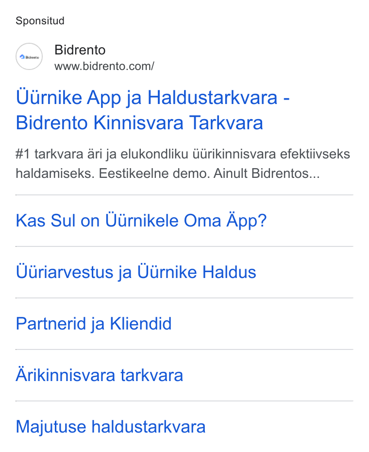 Bidrento ad on Google Ads: Sponsitud Uurnike App ja Haldustarkvara - Bidrento Kinnisvara Tarkvara #1 tarkvara ari ja elukondliku Girikinnisvara efektiivseks haldamiseks. Eestikeelne demo. Ainult Bidrentos... Kas Sul on Uiirnikele Oma App? Uuriarvestus ja Uurnike Haldus Partnerid ja Kliendid Arikinnisvara tarkvara Majutuse haldustarkvara