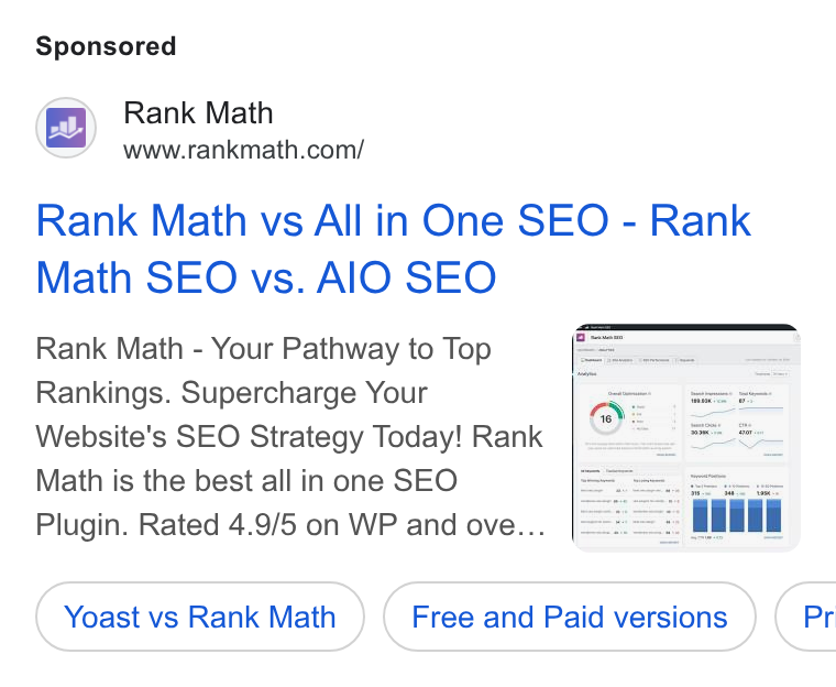 Rank Math ad on Google Ads: Rank Math vs All in One SEO - Rank Math SEO vs. Al O SEO Rank Math - Your Pathway to Top Rankings. Supercharge Your Website's SEO Strategy Today! Rank Math is the best all in one SEO Plugin. Rated 4.9/5 on WP and ove.. Yoast vs Rank Math ) vs Rank Math Free ( Free and Paid versions ) Paid versions ( Free and Paid versions) (P