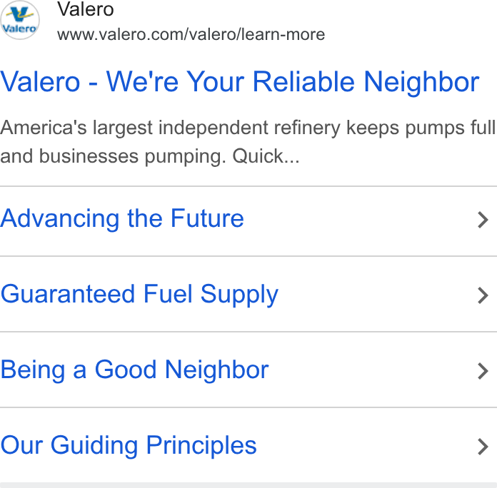 Valero Energy ad on Google Ads: Valero - We're Your Reliable Neighbor America's largest independent refinery keeps pumps full and businesses pumping. Quick... Advancing the Future > Guaranteed Fuel Supply > Being a Good Neighbor > Our Guiding Principles >