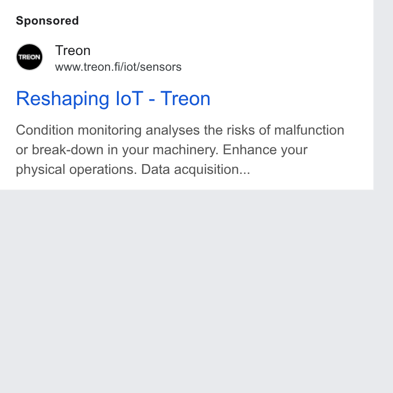 Treon ad on Google Ads: Reshaping lo T - Treon Condition monitoring analyses the risks of malfunction or break-down in your machinery. Enhance your physical operations. Data acquisition...