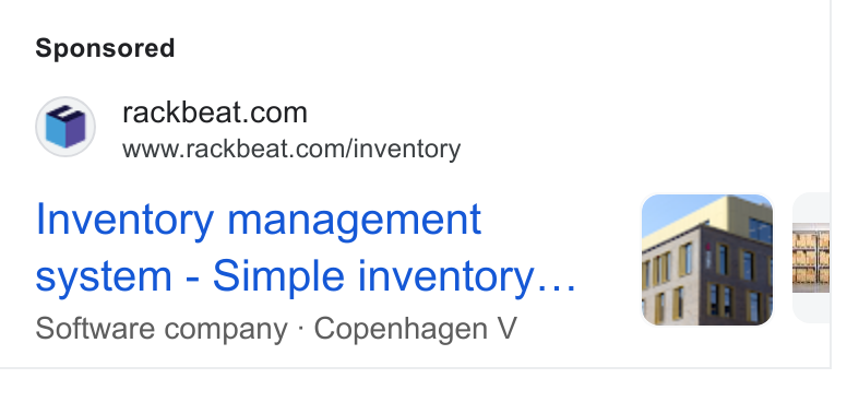 Rackbeat ad on Google Ads: o S www.rackbeat.com/inventory Inventory management system - Simple inventory... Software company - Copenhagen V