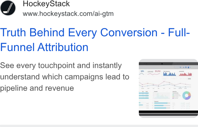 HockeyStack ad on Google Ads: Truth Behind Every Conversion - Full- Funnel Attribution See every touchpoint and instantly E — ill ab understand which campaigns lead to pipeline and revenue
