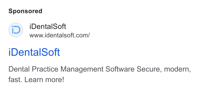 iDentalSoft ad on Google Ads: IDental Soft Dental Practice Management Software Secure, modern, fast. Learn more!