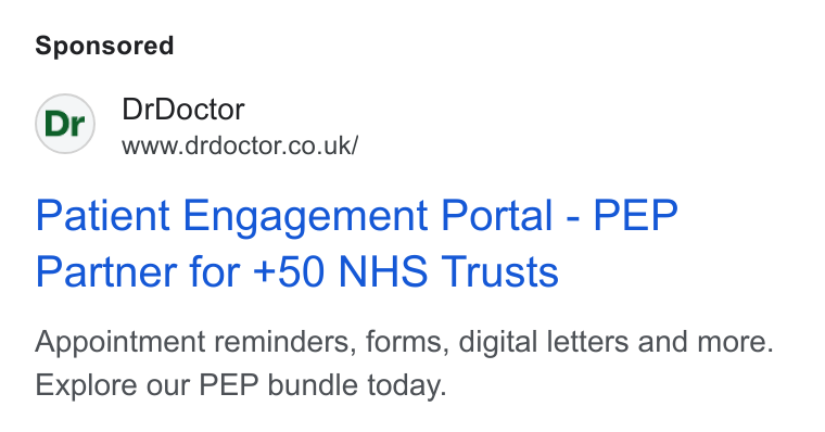 DrDoctor ad on Google Ads: Patient Engagement Portal - PEP Partner for +50 NHS Trusts Appointment reminders, forms, digital letters and more. Explore our PEP bundle today.