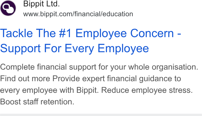 Bippit ad on Google Ads: Tackle The #1 Employee Concern - Support For Every Employee Complete financial support for your whole organisation. Find out more Provide expert financial guidance to every employee with Bippit. Reduce employee stress. Boost staff retention.