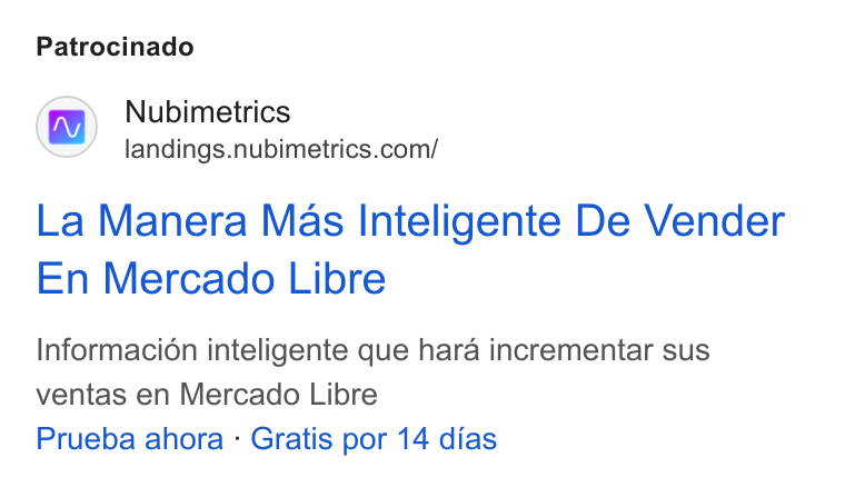 Nubimetrics ad on Google Ads: Patrocinado La Manera Mas Inteligente De Vender En Mercado Libre Informacion inteligente que hara incrementar sus ventas en Mercado Libre Prueba ahora - Gratis por 14 dias