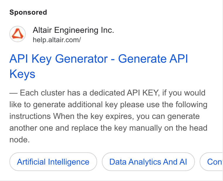 Altair ad on Google Ads: API Key Generator - Generate API Keys Each cluster has a dedicated API KEY, if you would like to generate additional key please use the following instructions When the key expires, you can generate another one and replace the key manually on the head node. Artificial Intelligence Data Analytics And Al Con