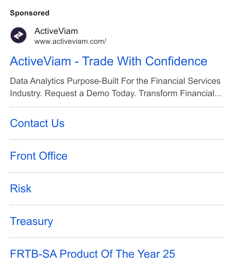 ActiveViam ad on Google Ads: Active Viam - Trade With Confidence Data Analytics Purpose-Built For the Financial Services Industry. Request a Demo Today. Transform Financial... Contact Us Front Office Risk Treasury FRTB-SA Product Of The Year 25