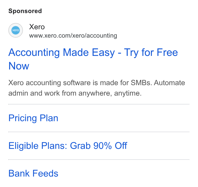 Xero ad on Google Ads: Accounting Made Easy - Try for Free Now Xero accounting software is made for SMBs. Automate admin and work from anywhere, anytime. Pricing Plan Eligible Plans: Grab 90% Off Bank Feeds
