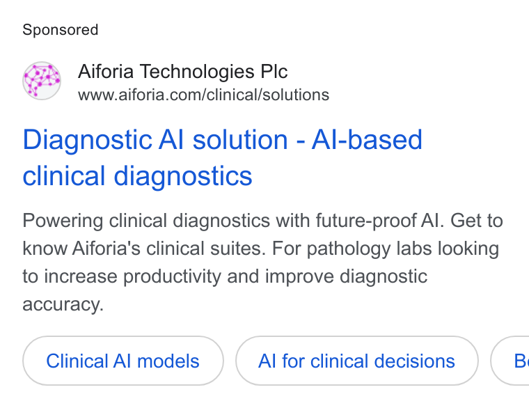 Aiforia ad on Google Ads: Diagnostic Al solution - Al-based clinical diagnostics Powering clinical diagnostics with future-proof Al. Get to know Aiforia's clinical suites. For pathology labs looking to increase productivity and improve diagnostic accuracy. Clinical Al models Al for clinical decisions Bi