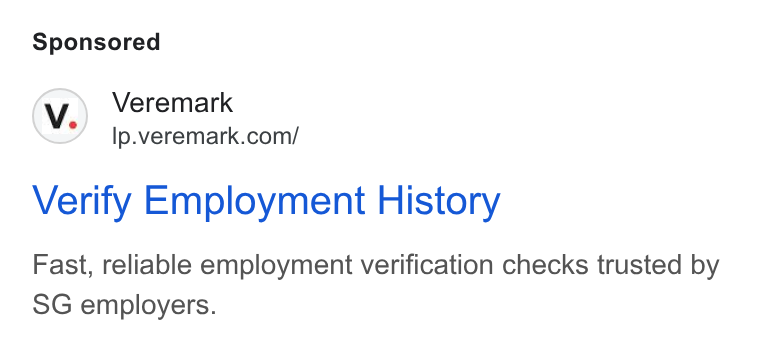 Veremark ad on Google Ads: Verify Employment History Fast, reliable employment verification checks trusted by SG employers.