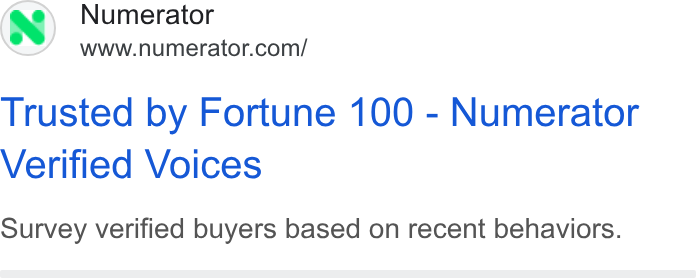 Numerator ad on Google Ads: Trusted by Fortune 100 - Numerator Verified Voices Survey verified buyers based on recent behaviors.