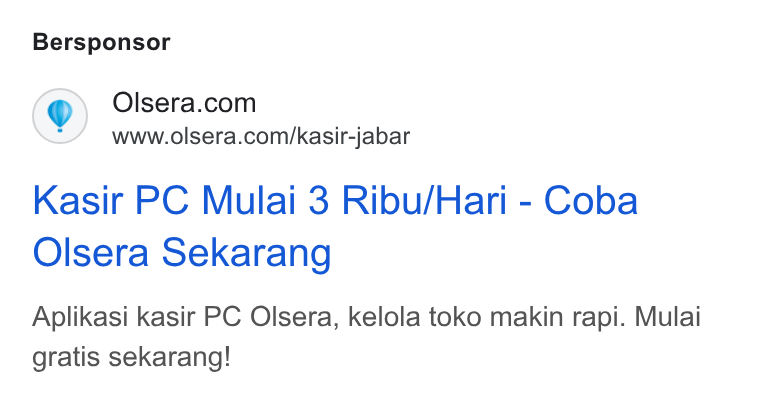 Olsera ad on Google Ads: www.olsera.com/kasir-jabar Kasir PC Mulai 3 Ribu/Hari - Coba Olsera Sekarang Aplikasi kasir PC Olsera, kelola toko makin rapi. Mulai gratis sekarang!