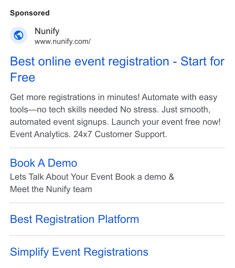 Nunify ad on Google Ads: Best online event registration - Start for Free Get more registrations in minutes! Automate with easy tools—no tech skills needed No stress. Just smooth, automated event signups. Launch your event free now! Event Analytics. 24x7 Customer Support. Book A Demo Lets Talk About Your Event Book a demo & Meet the Nunify team Best Registration Platform Simplify Event Registrations