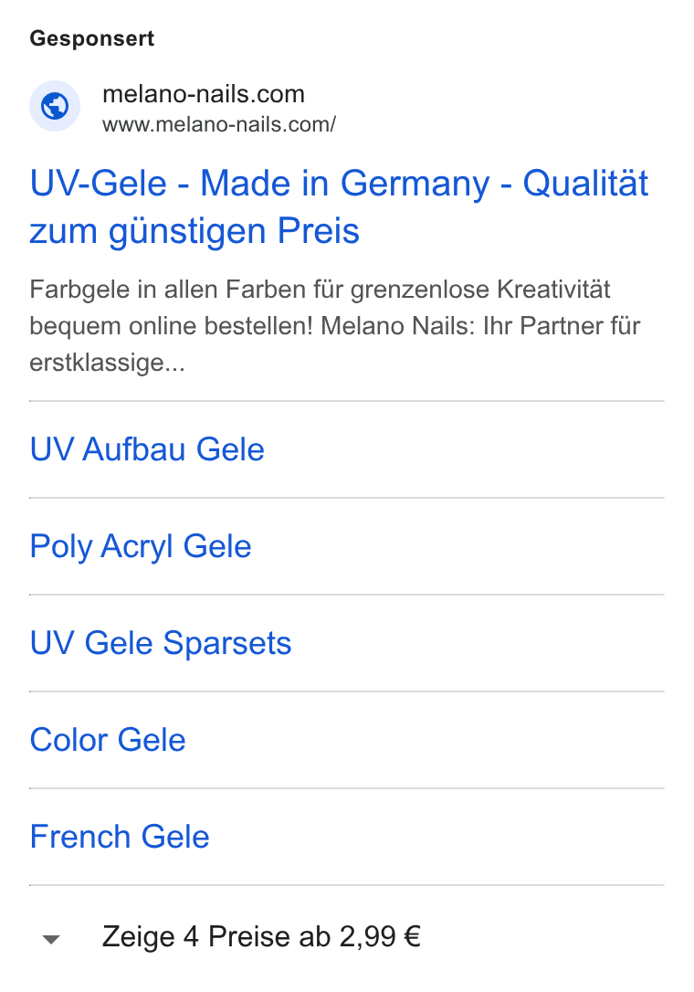 Shopgate ad on Google Ads: www.melano-nails.com/ UV-Gele - Made in Germany - Qualitat zum g Unstigen Preis Farbgele in allen Farben fiir grenzenlose Kreativitat bequem online bestellen! Melano Nails: Ihr Partner fiir erstklassige... UV Aufbau Gele Poly Acryl Gele UV Gele Sparsets Color Gele French Gele Zeige 4 Preise ab 2,99 €