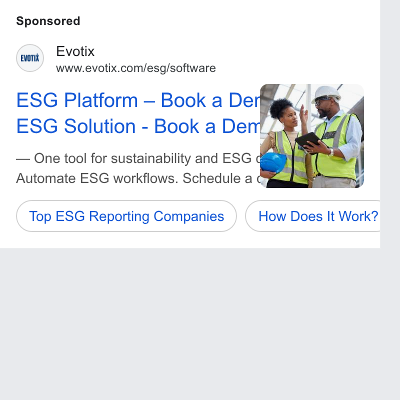 Evotix ad on Google Ads: ESG Platform — Book a De ESG Solution - Book a De One tool for sustainability and ESG Gil Automate ESG workflows. Schedule a Ci (top ESG Reporting Companies ) (How Does It Work?