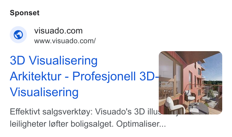 Visuado ad on Google Ads: www.visuado.com/ 3D Visualisering ) Arkitektur - Profesjonell 3D-§ 1 Visualisering pl br Effektivt salgsverktay: Visuado's 3D ne leiligheter lofter boligsalget. Optimaliser...