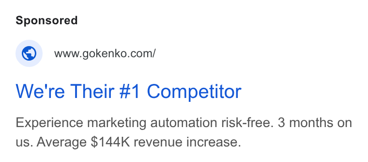 Kenko AI ad on Google Ads: We're Their #1 Competitor Experience marketing automation risk-free. 3 months on us. Average $144K revenue increase.
