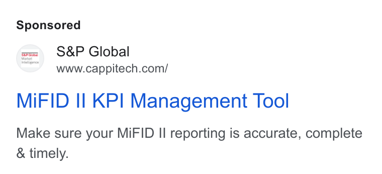 Cappitech ad on Google Ads: Mi FID Il KP! Management Tool Make sure your Mi FID II reporting is accurate, complete & timely.
