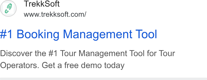 TrekkSoft ad on Google Ads: #1 Booking Management Tool Discover the #1 Tour Management Tool for Tour Operators. Get a free demo today