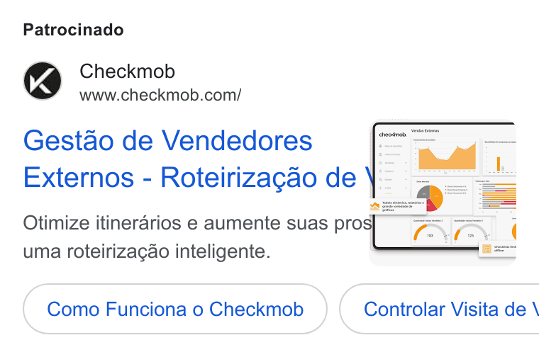 Checkmob ad on Google Ads: Patrocinado Gestao de Vendedores Externos - Roteirizagao de ae vena bok ae Otimize itinerarios e aumente suas pro uma roteirizagao inteligente. Como Funciona o Checkmob ( Controlar Visita de \