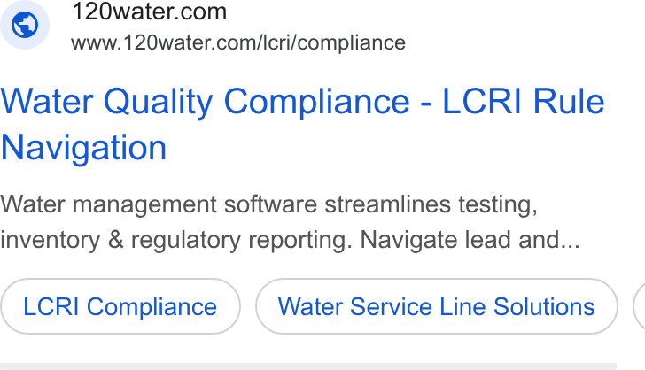 120Water ad on Google Ads: www.120water.com/Icri/compliance Water Quality Compliance - LCRI Rule Navigation Water management software streamlines testing, inventory & regulatory reporting. Navigate lead and... LCRI Compliance Water Service Line Solutions (