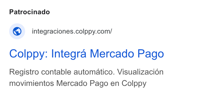 Colppy ad on Google Ads: Colppy: Integra Mercado Pago Registro contable automatico. Visualizacion movimientos Mercado Pago en Colppy