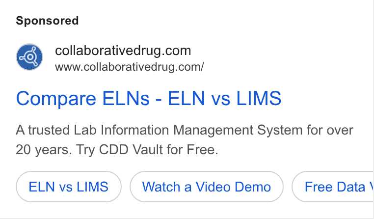 Collaborative Drug Discovery ad on Google Ads: www.collaborativedrug.com/ Compare ELNs - ELN vs LIMS A trusted Lab Information Management System for over 20 years. Try CDD Vault for Free. ELN vs LIMS Watch a Video Demo Free Data \