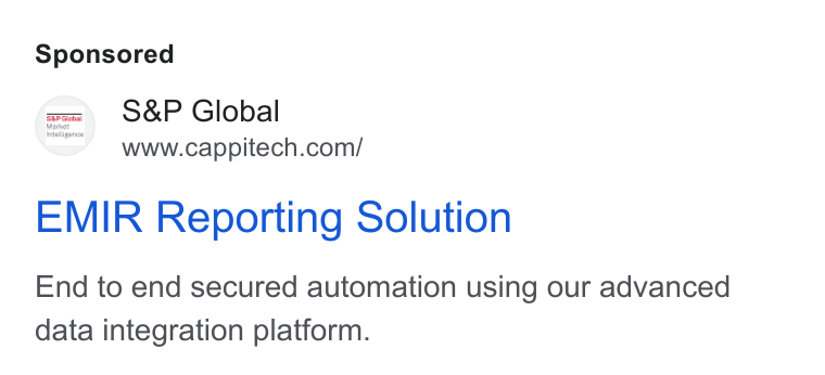 Cappitech ad on Google Ads: EMIR Reporting Solution End to end secured automation using our advanced data integration platform.