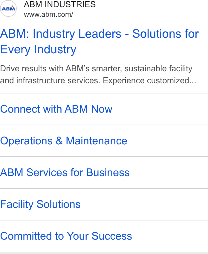 ABM Industries ad on Google Ads: ABM: Industry Leaders - Solutions for Every Industry Drive results with ABM’s smarter, sustainable facility and infrastructure services. Experience customized... Connect with ABM Now Operations & Maintenance ABM Services for Business Facility Solutions Committed to Your Success