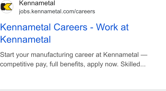 Kennametal ad on Google Ads: Kennametal Careers - Work at Kennametal Start your manufacturing career at Kennametal — competitive pay, full benefits, apply now. Skilled...