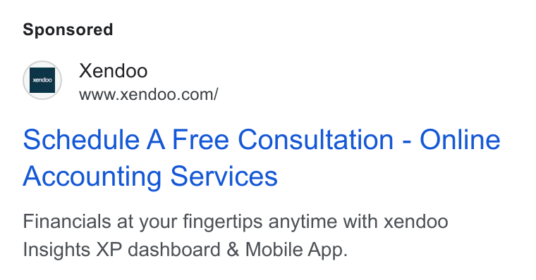 xendoo ad on Google Ads: Schedule A Free Consultation - Online Accounting Services Financials at your fingertips anytime with xendoo Insights XP dashboard & Mobile App.