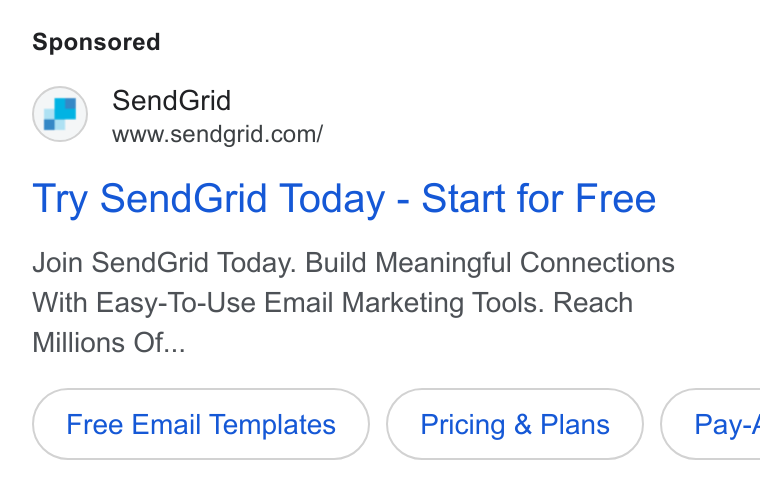 SendGrid ad on Google Ads: Try Send Grid Today - Start for Free Join Send Grid Today. Build Meaningful Connections With Easy-To-Use Email Marketing Tools. Reach Millions Of... Free Email Templates Pricing & Plans } ( Pay-/