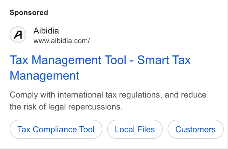 Aibidia ad on Google Ads: Tax Management Tool - Smart Tax Management Comply with international tax regulations, and reduce the risk of legal repercussions. Tax Compliance Tool Local Files