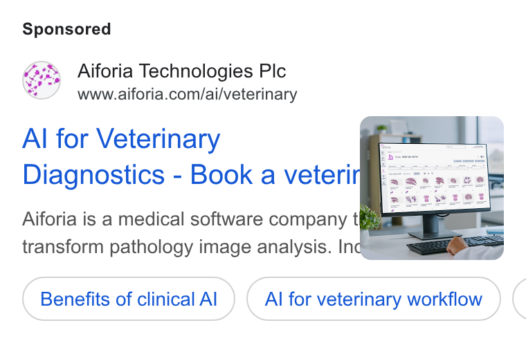 Aiforia ad on Google Ads: Al for Veterinary Diagnostics - Book a veteri Benefits of clinical Al Al for veterinary workflow (