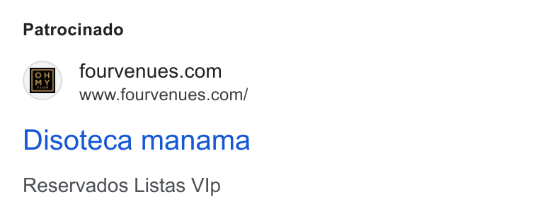 Fourvenues ad on Google Ads: www.fourvenues.com/ Disoteca manama Reservados Listas VIp