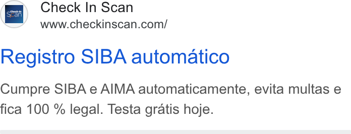 Check-in Scan ad on Google Ads: Registro SIBA automatico Cumpre SIBA e AIMA automaticamente, evita multas e fica 100 % legal. Testa gratis hoje.