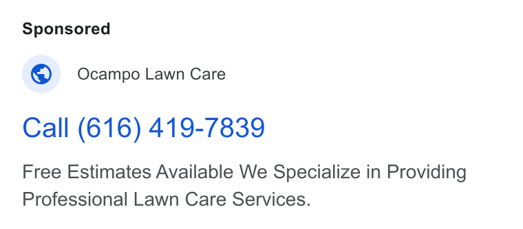 Yardbook ad on Google Ads: Ocampo Lawn Care Call (616) 419-7839 Free Estimates Available We Specialize in Providing Professional Lawn Care Services.