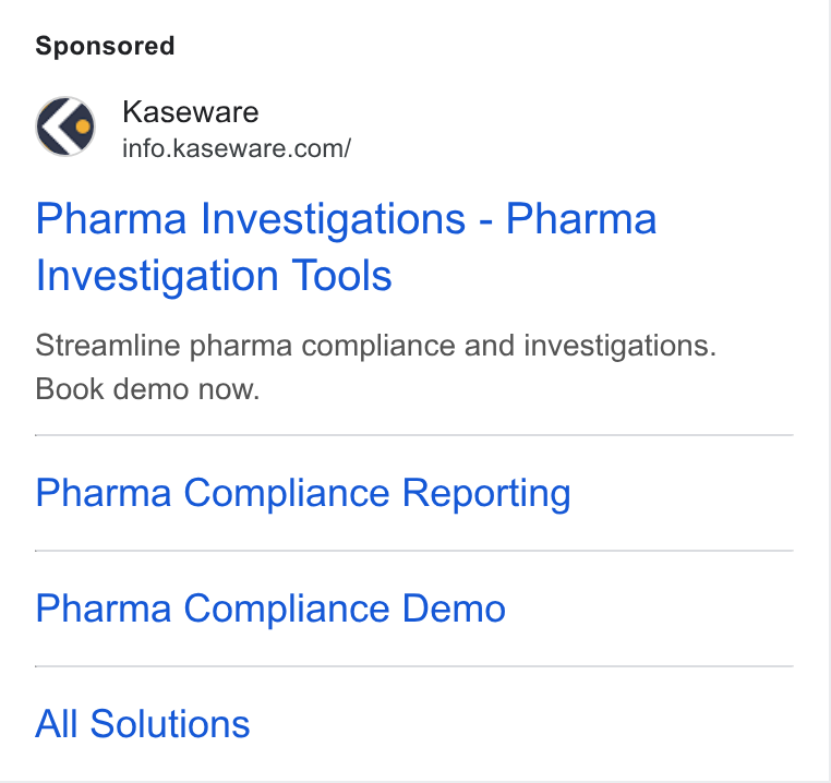 Kaseware ad on Google Ads: Pharma Investigations - Pharma Investigation Tools Streamline pharma compliance and investigations. Book demo now. Pharma Compliance Reporting Pharma Compliance Demo All Solutions