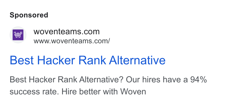 Woven ad on Google Ads: www.woventeams.com/ Best Hacker Rank Alternative Best Hacker Rank Alternative? Our hires have a 94% success rate. Hire better with Woven