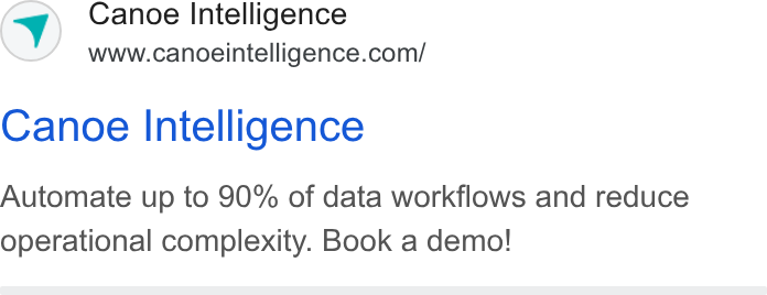Canoe Intelligence ad on Google Ads: Canoe Intelligence Automate up to 90% of data workflows and reduce operational complexity. Book a demo!