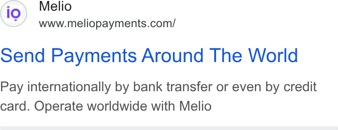 Melio ad on Google Ads: send Payments Around The World Pay internationally by bank transfer or even by credit card. Operate worldwide with Melio