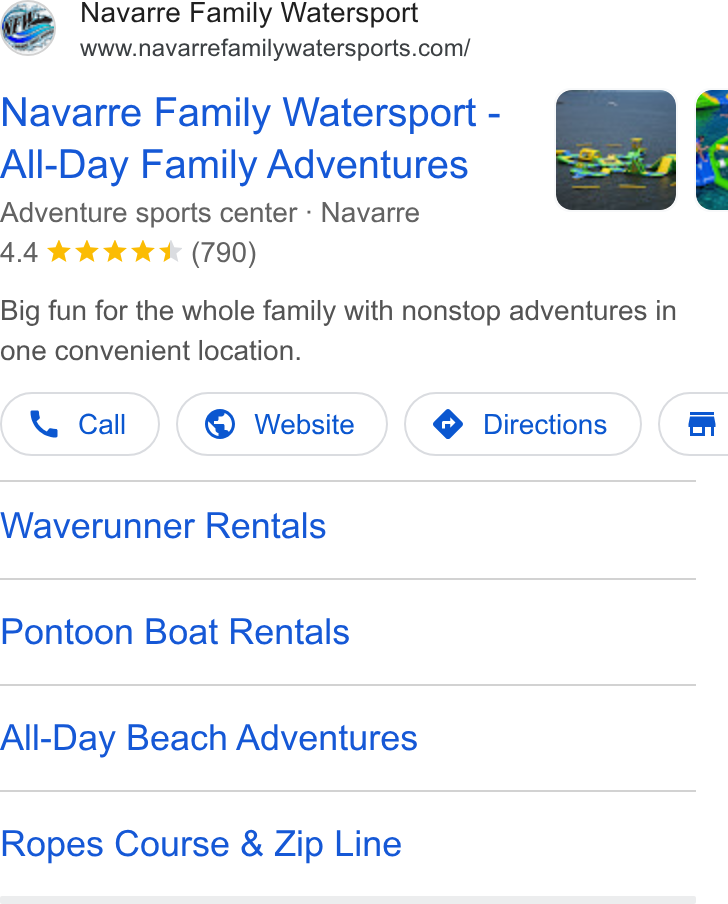 Checkfront ad on Google Ads: Navarre Family Watersport - All-Day Family Adventures Adventure sports center - Navarre 4.4 ek ww & (790) Big fun for the whole family with nonstop adventures in one convenient location. Call ® Website ( Waverunner Rentals Pontoon Boat Rentals All-Day Beach Adventures Ropes Course & Zip Line