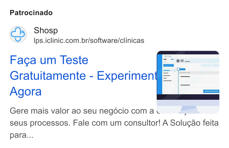 iClinic ad on Google Ads: Patrocinado Faca um Teste Gratuitamente - Experimen Agora Gere mais valor ao seunegéciocoma.. Azam J seus processos. Fale com um consultor! A Solugao feita para...