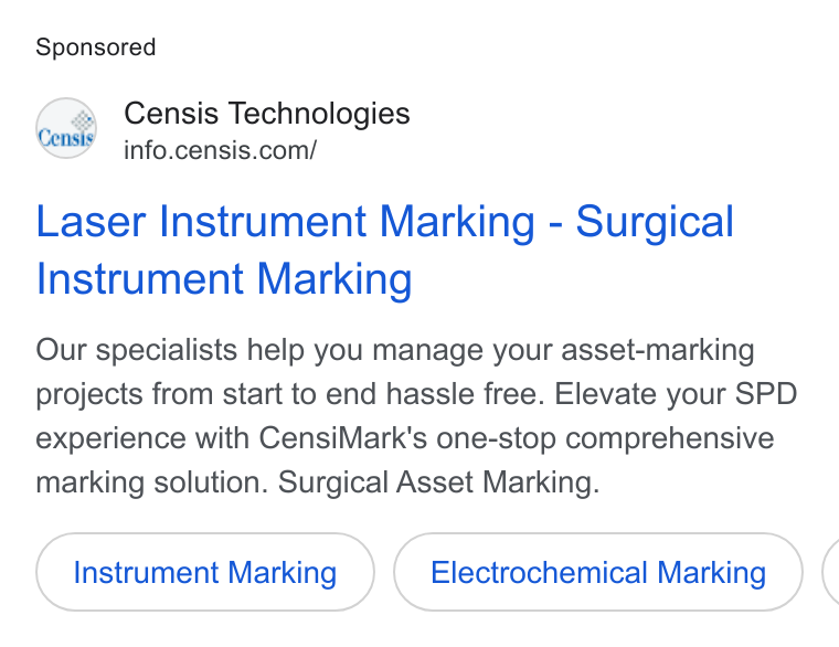 Censis Technologies ad on Google Ads: Laser Instrument Marking - Surgical Instrument Marking Our specialists help you manage your asset-marking projects from start to end hassle free. Elevate your SPD experience with Censi Mark's one-stop comprehensive marking solution. Surgical Asset Marking. Instrument Marking Electrochemical Marking (