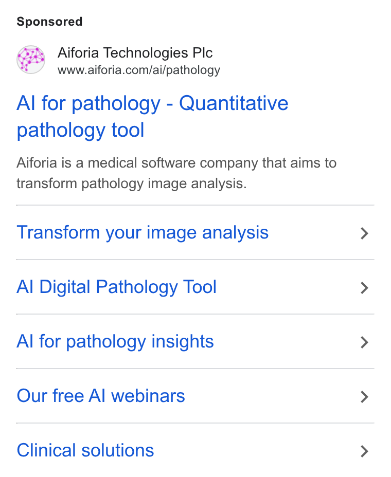Aiforia ad on Google Ads: Al for pathology - Quantitative pathology tool Aiforia is a medical software company that aims to transform pathology image analysis. Transform your image analysis Al Digital Pathology Tool Al for pathology insights Our free Al webinars Clinical solutions