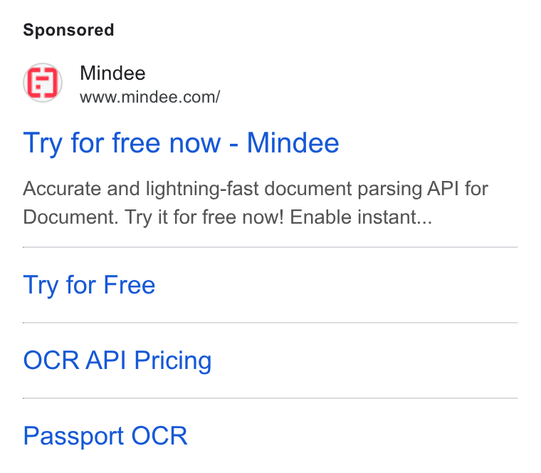 Mindee ad on Google Ads: Try for free now - Mindee Accurate and lightning-fast document parsing API for Document. Try it for free now! Enable instant... Try for Free OCR API Pricing Passport OCR